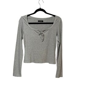 Escalier Womens Heather Grey Ribbed‎ Lace Up Scoop Neck Long Sleeve Top Medium